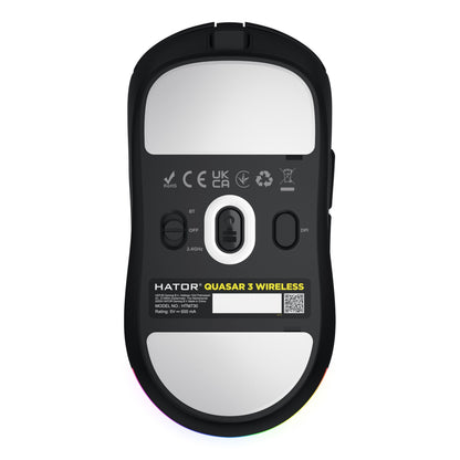 Bund af HATOR Quasar 3 Wireless gamingmus med power switch, DPI-knap, PixArt PMW3311 sensor, modelinfo og certifikationslogoer.
