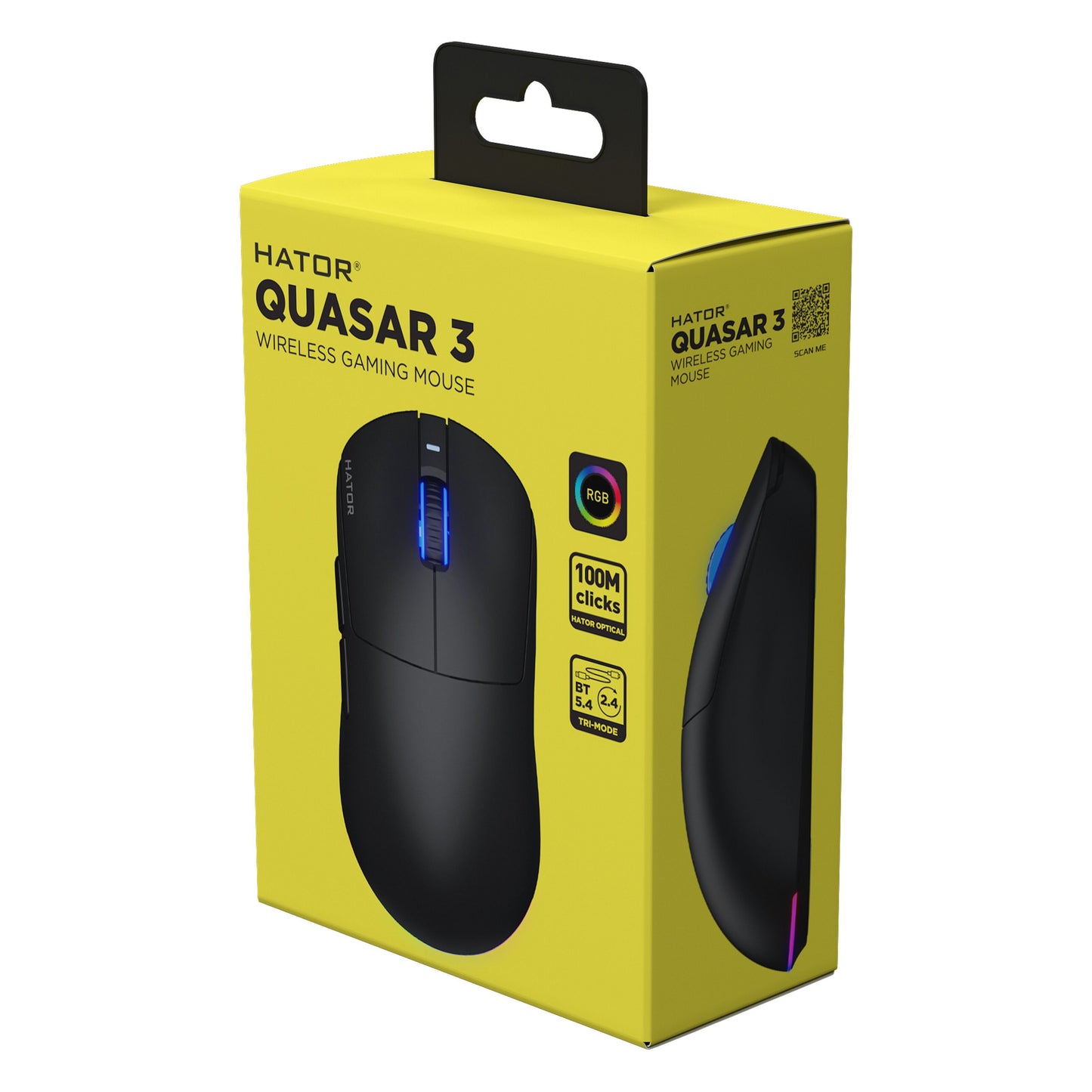 HATOR Quasar 3 Wireless sort gamingmus på gul æske med RGB, 100M klik ikon, 12.000 DPI PixArt PMW3311 badge og produktinfo.
