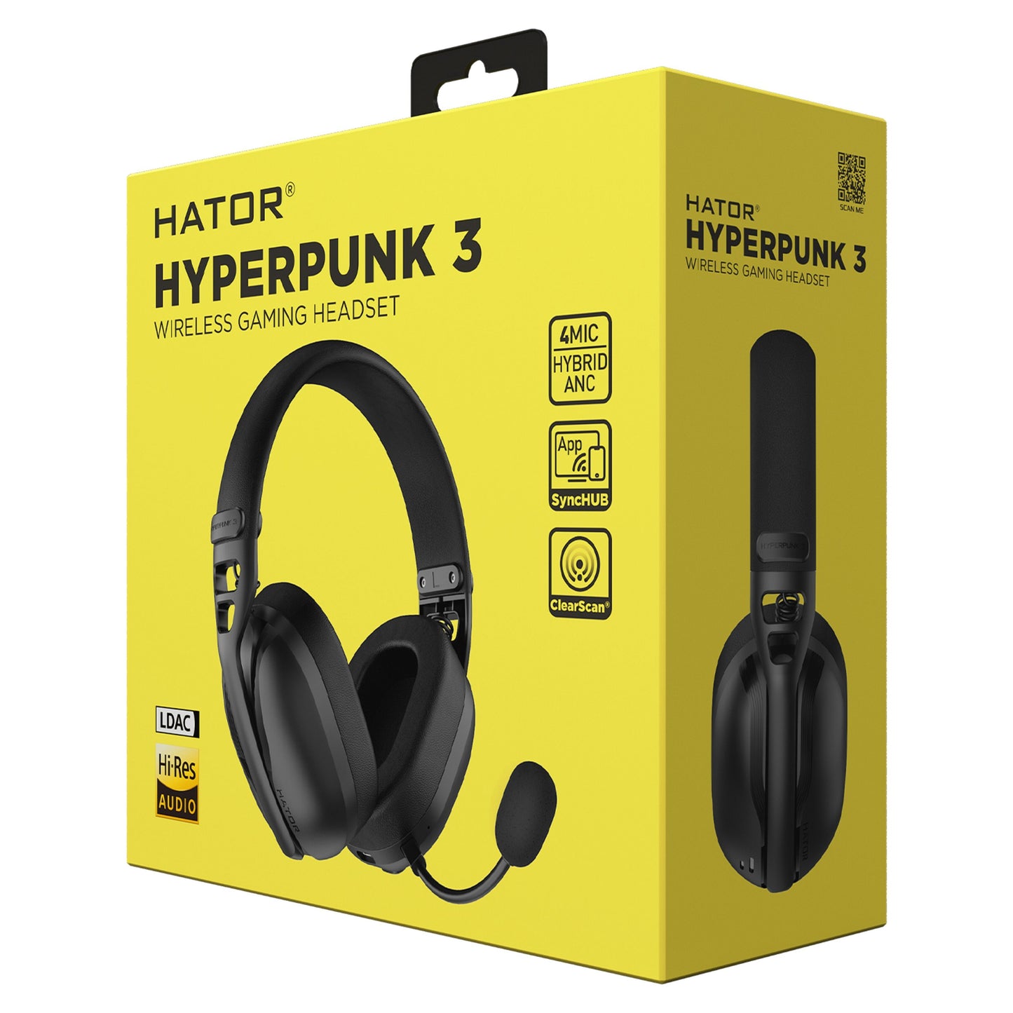 HATOR Hyperpunk 3 Trådløst gamingheadset, gul emballage, Hybrid ANC, 4MIC, app-understøttelse, SyncHUB, LDAC, Hi-Res AUDIO.