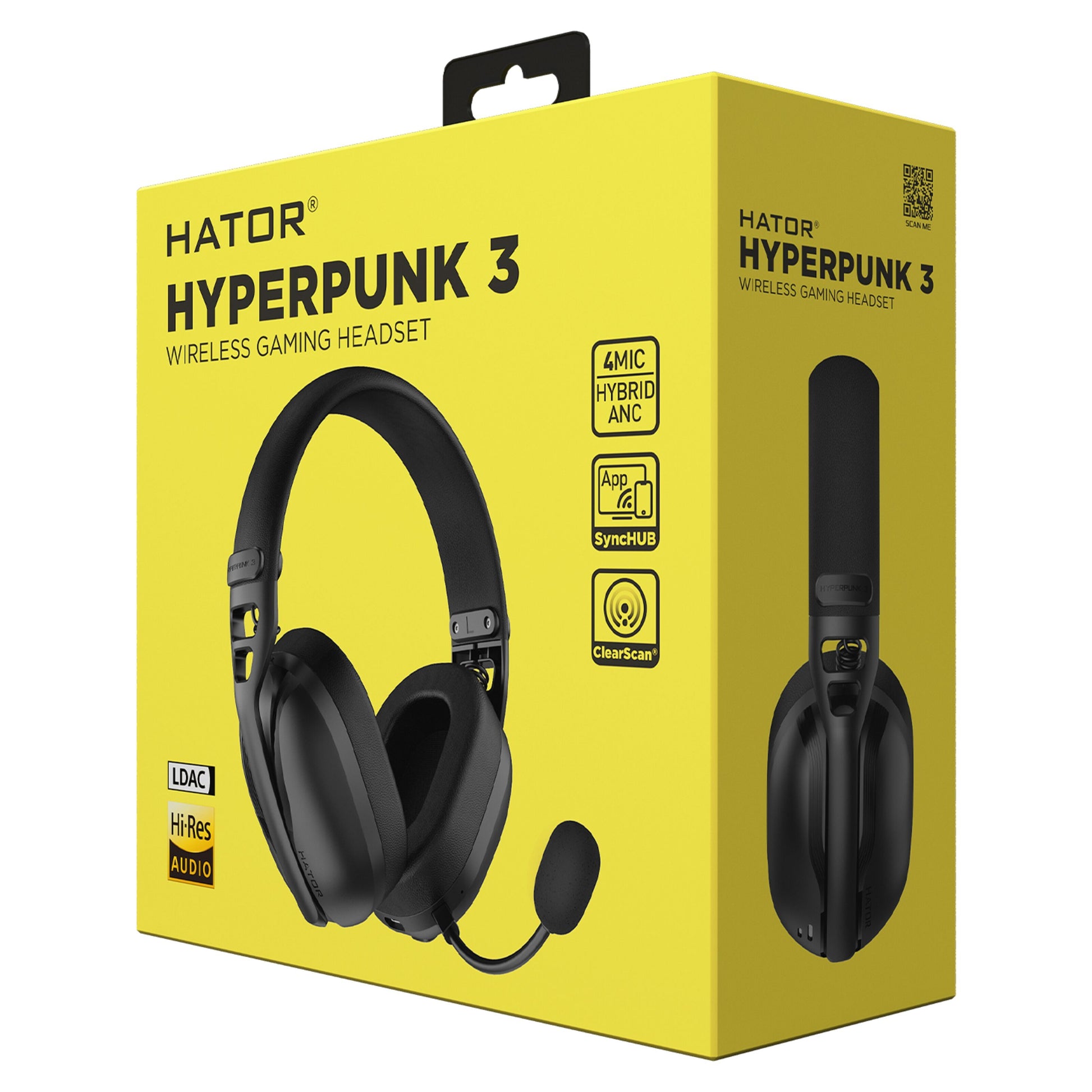 HATOR Hyperpunk 3 Trådløst gamingheadset, gul emballage, Hybrid ANC, 4MIC, app-understøttelse, SyncHUB, LDAC, Hi-Res AUDIO.