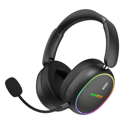 HATOR Phoenix 2 Wireless gamingheadset med sorte polstrede ørekopper, RGB-lys, mikrofon og oplyst HATOR-logo.