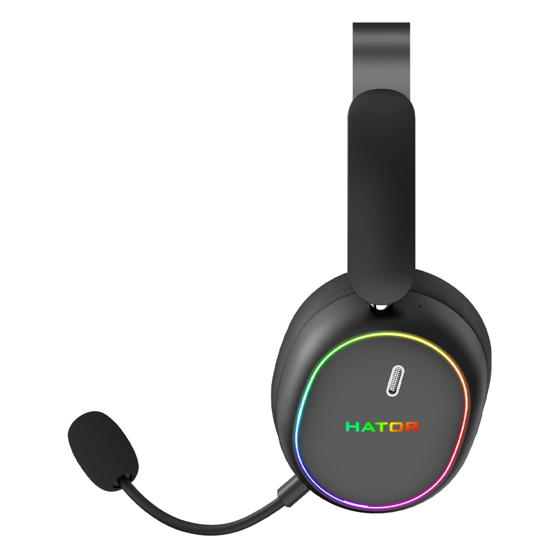 HATOR Phoenix 2 Wireless sort gamingheadset med polstret bøjle, aftagelig mikrofon, RGB-lys og flerfarvet logo på ørekoppen.