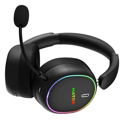 HATOR Phoenix 2 Wireless gamingheadset med aftagelig mikrofon, USB-C-port og justerbart RGB-lys på ørekopperne.