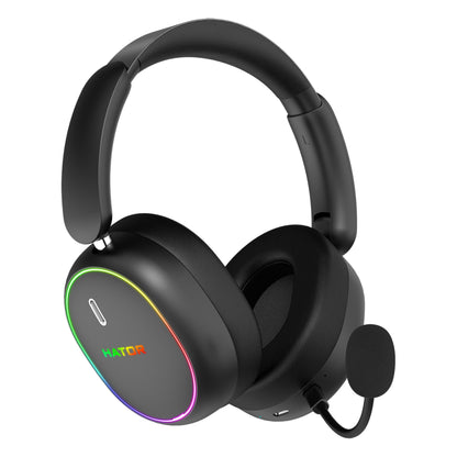 HATOR Phoenix 2 Wireless gamingheadset sort, bløde ørepuder, Bluetooth, aftagelig mikrofon, RGB-lys, HATOR-logo.