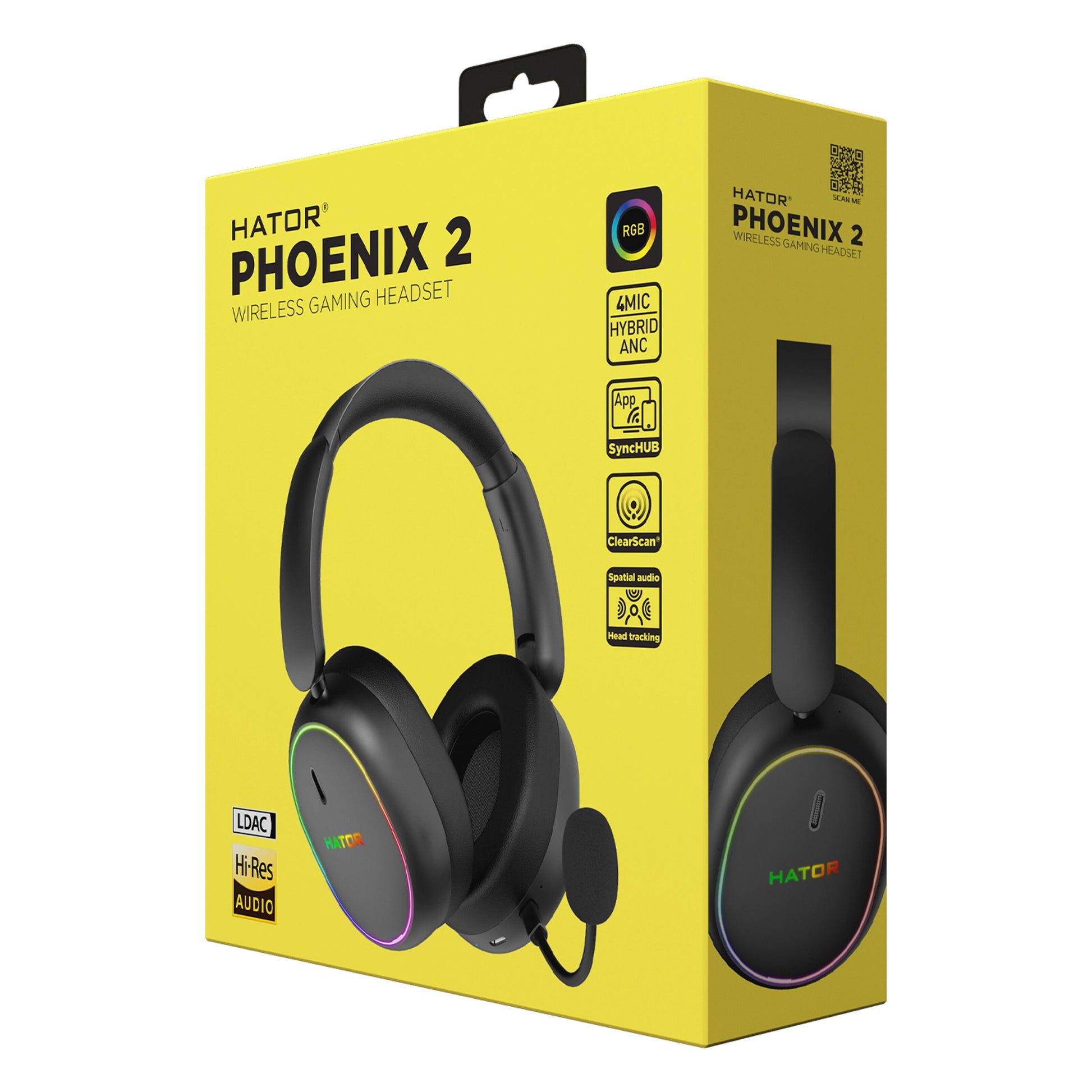 HATOR Phoenix 2 Wireless gamingheadset gul æske med billede af headset, mikrofon og RGB-lys, nøglefunktioner vist.