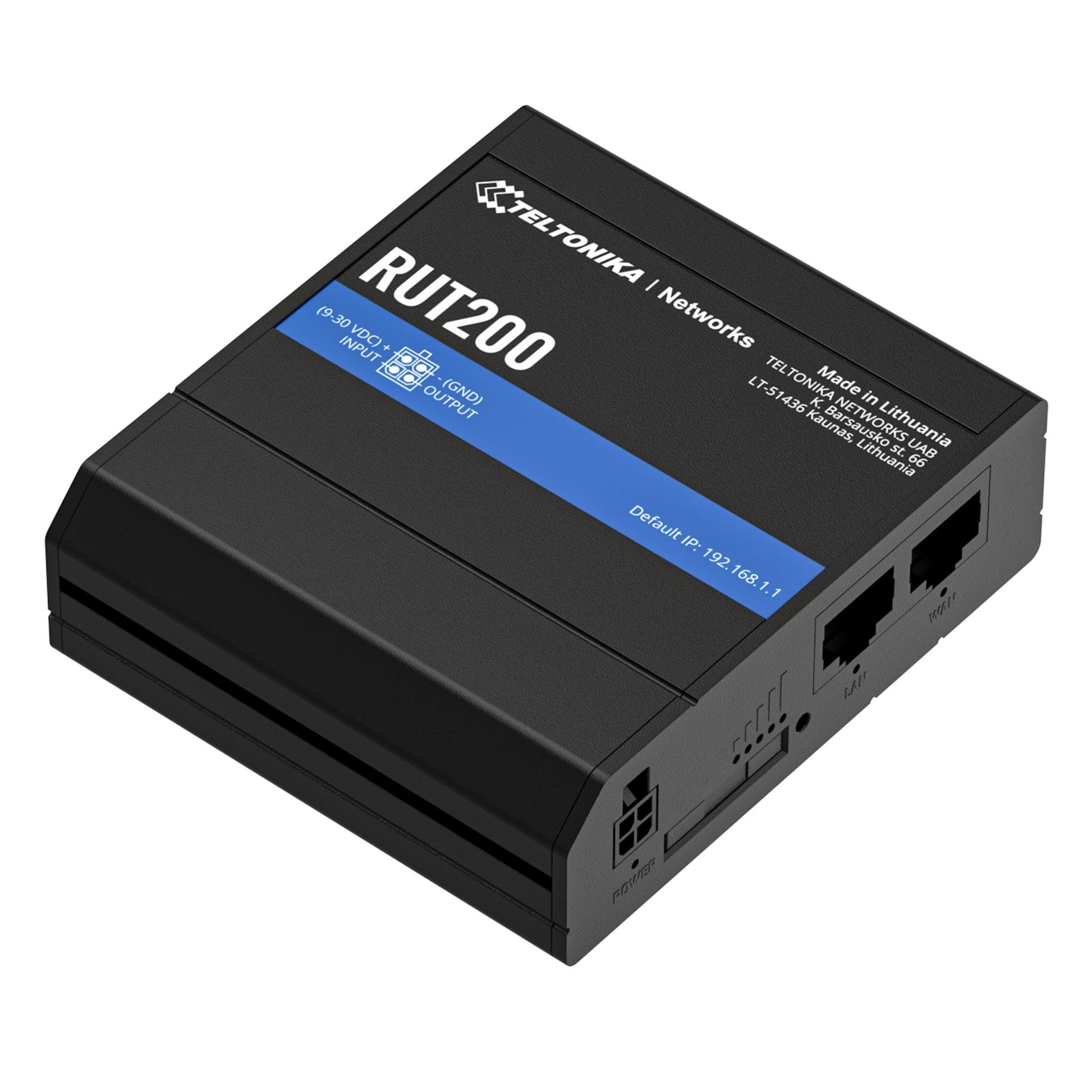 Teltonika RUT200 sort 4G-router med modem, blå label, to Ethernet-porte, SIM-kort slot, strømindgang og indikatorlys.