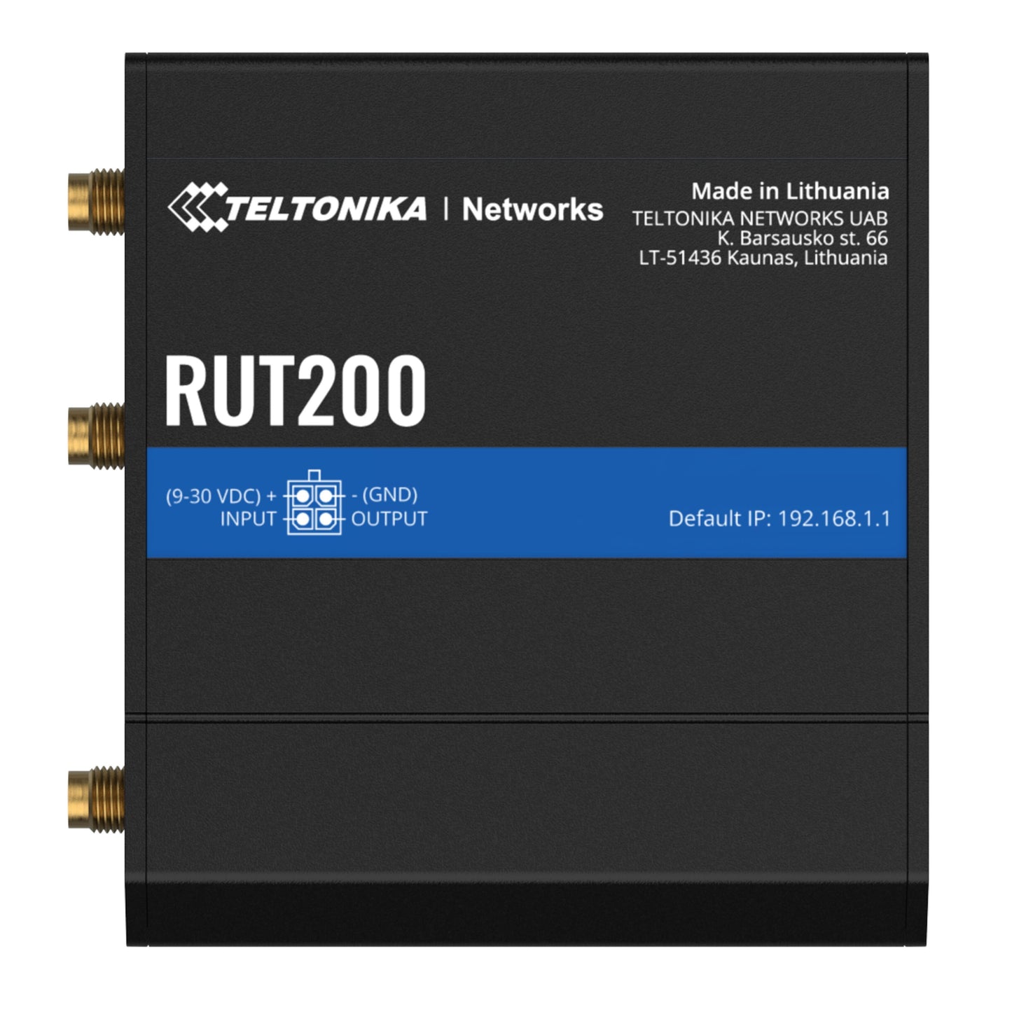 Teltonika RUT200 4G-router med modem, front med tre porte, label med modelinfo, I/O-specs og standard IP-adresse.