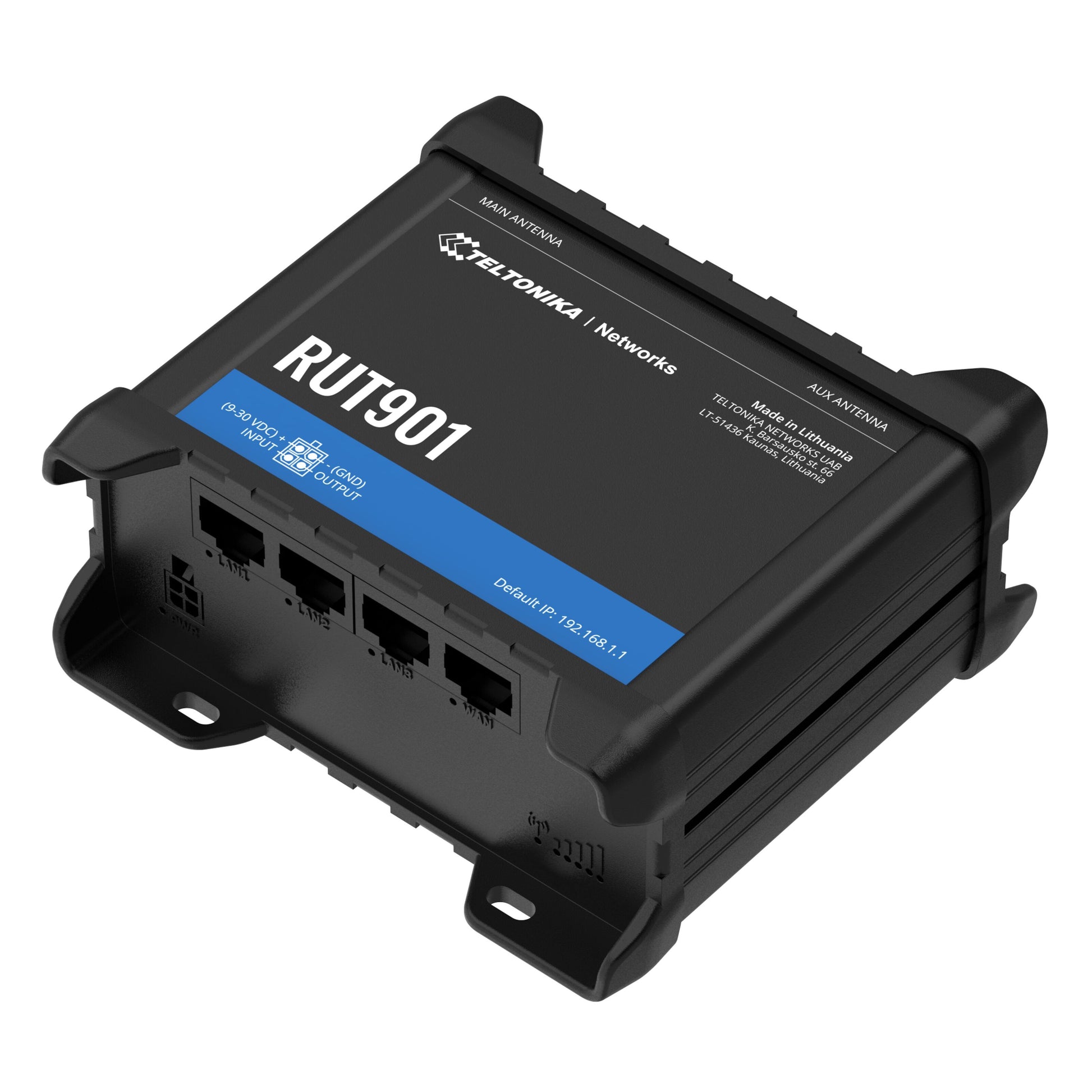 Teltonika RUT901 4G-router sort med modem, fire Ethernet-porte, hoved- og hjælpeantennestik samt indikatorer på toppen.