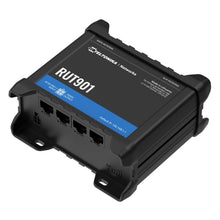 Teltonika RUT901 4G-router sort med modem, fire Ethernet-porte, hoved- og hjælpeantennestik samt indikatorer på toppen.