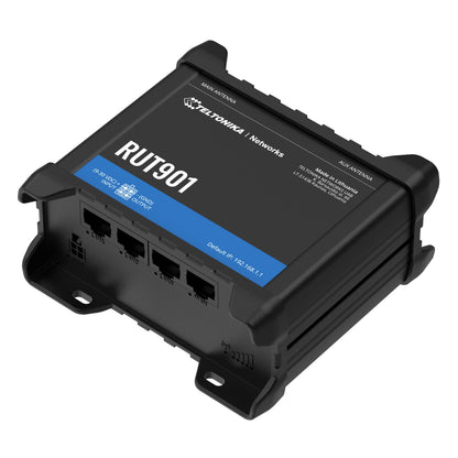 Teltonika RUT901 4G-router sort med modem, fire Ethernet-porte, hoved- og hjælpeantennestik samt indikatorer på toppen.