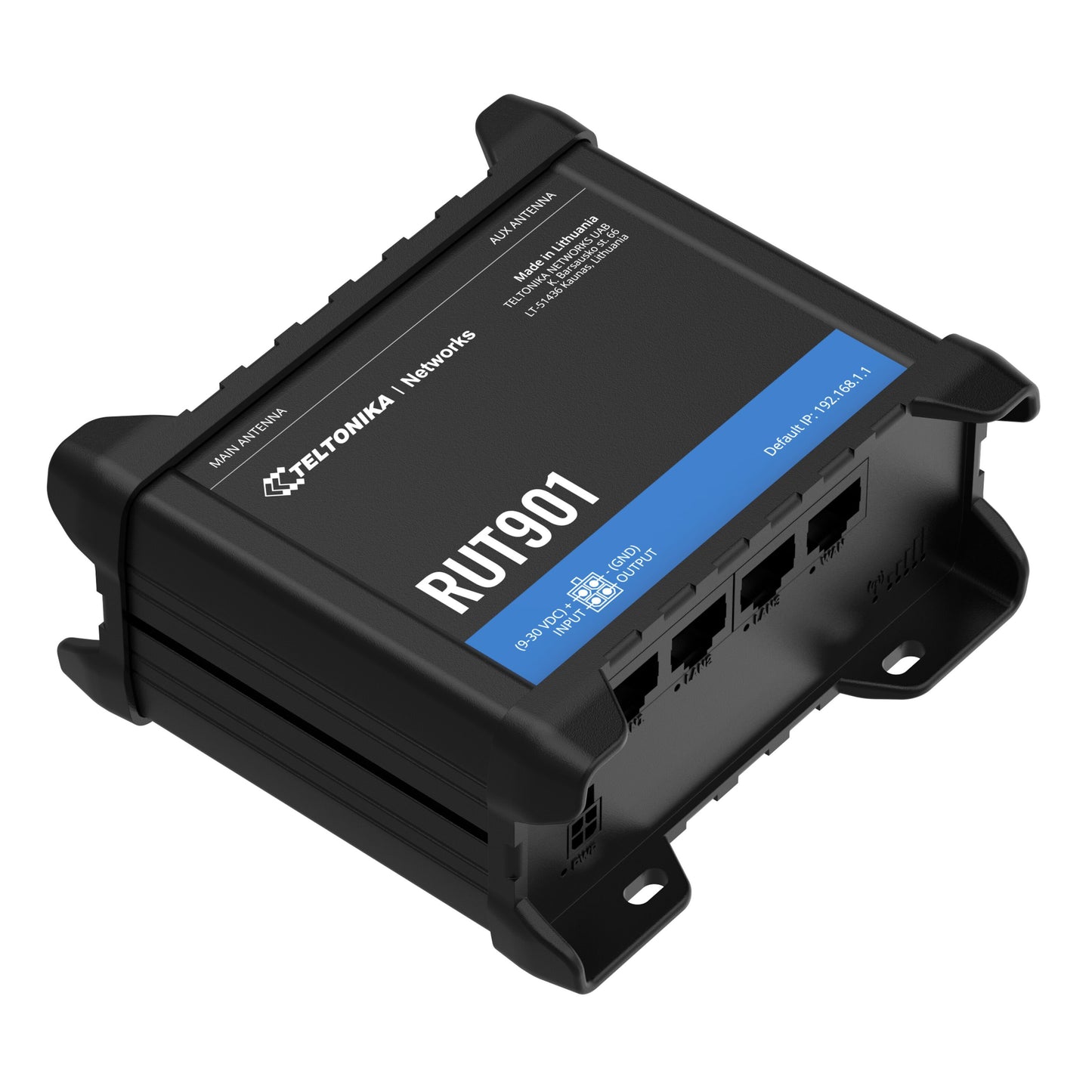 Teltonika RUT901 sort 4G-router med modem, blå stribe, flere Ethernet-porte og monteringsbeslag.