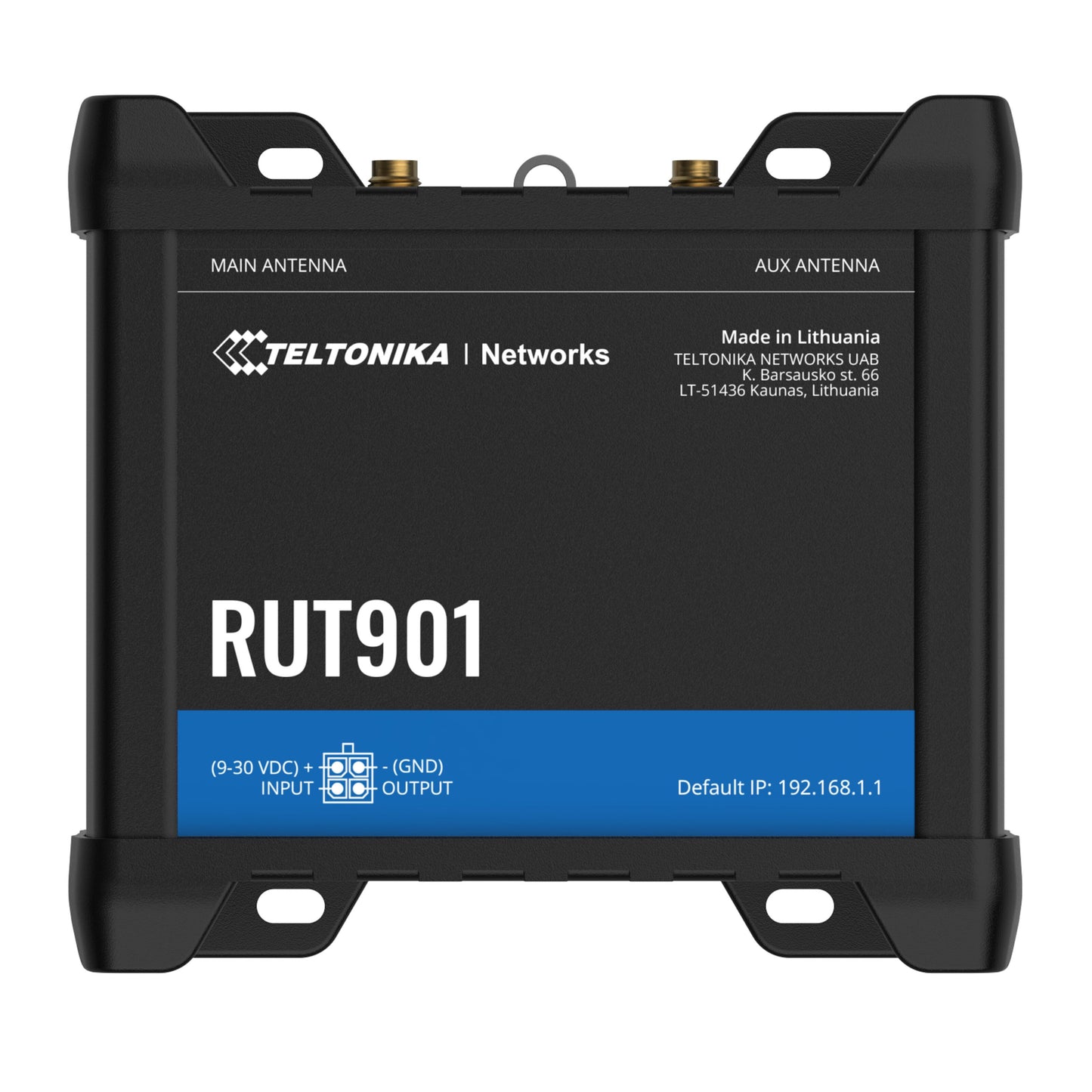 Teltonika RUT901 4G-router med modem, modelnavn, input/output-labels, antenneporte og standard IP-adresse synlig.