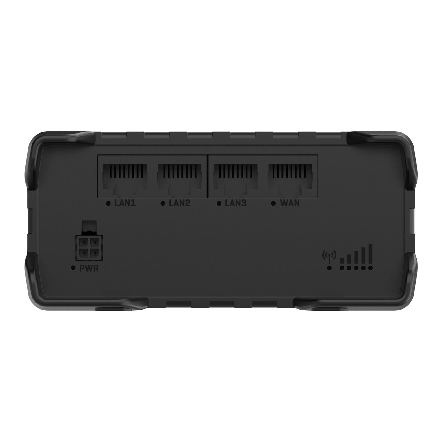 Teltonika RUT901 sort 4G-router med modem, fire Ethernet-porte (LAN1-3, WAN), strømstik og Wi-Fi signalindikator foran.
