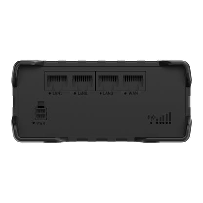 Teltonika RUT901 sort 4G-router med modem, fire Ethernet-porte (LAN1-3, WAN), strømstik og Wi-Fi signalindikator foran.
