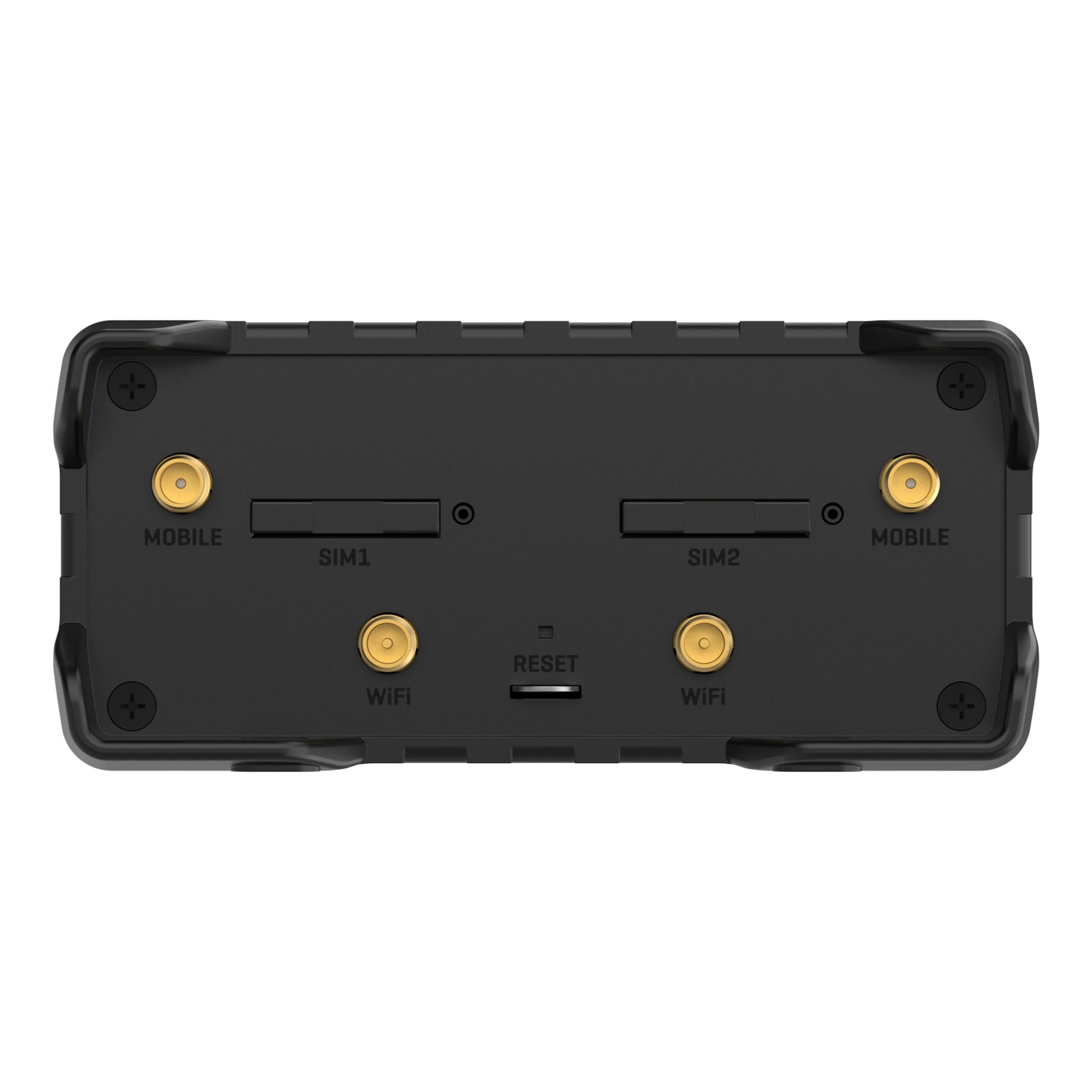 Teltonika RUT901 4G-router bagpanel med porte til SIM1, SIM2, WiFi, MOBILE og RESET samt fire skrueforbindelser.