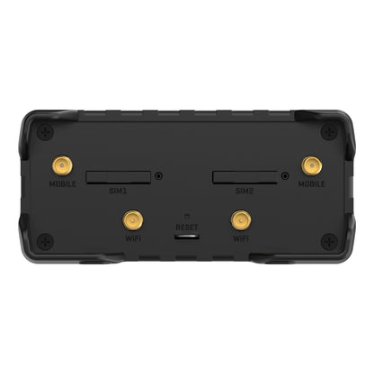 Teltonika RUT901 4G-router bagpanel med porte til SIM1, SIM2, WiFi, MOBILE og RESET samt fire skrueforbindelser.