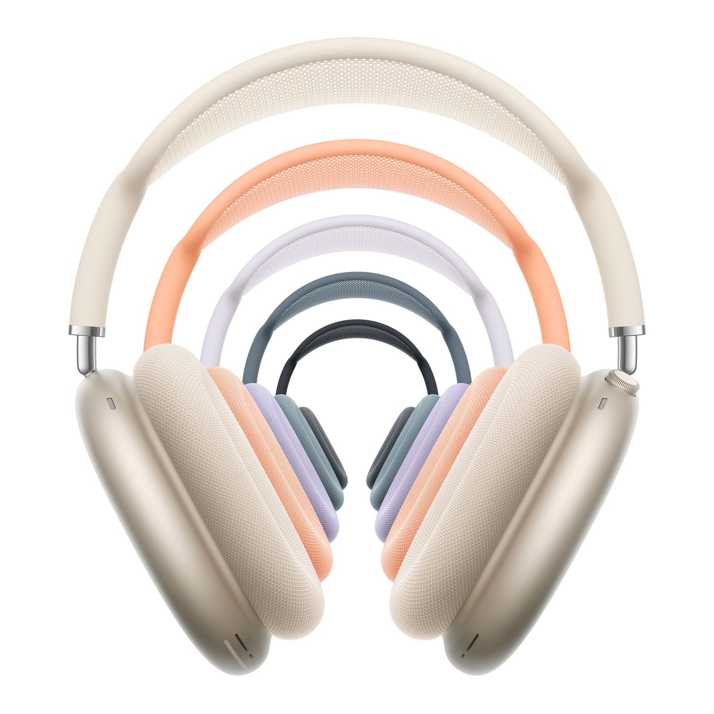 Apple AirPods Max 2 orange, fem par vist i lagdelt mønster med aktiv støjreduktion.
