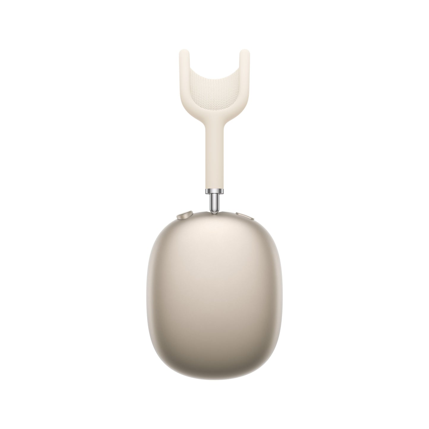 Apple AirPods Max 2 Stjerneskær over-ear høretelefon lysebeige ørekop og hvid mesh hovedbøjle set ovenfra.