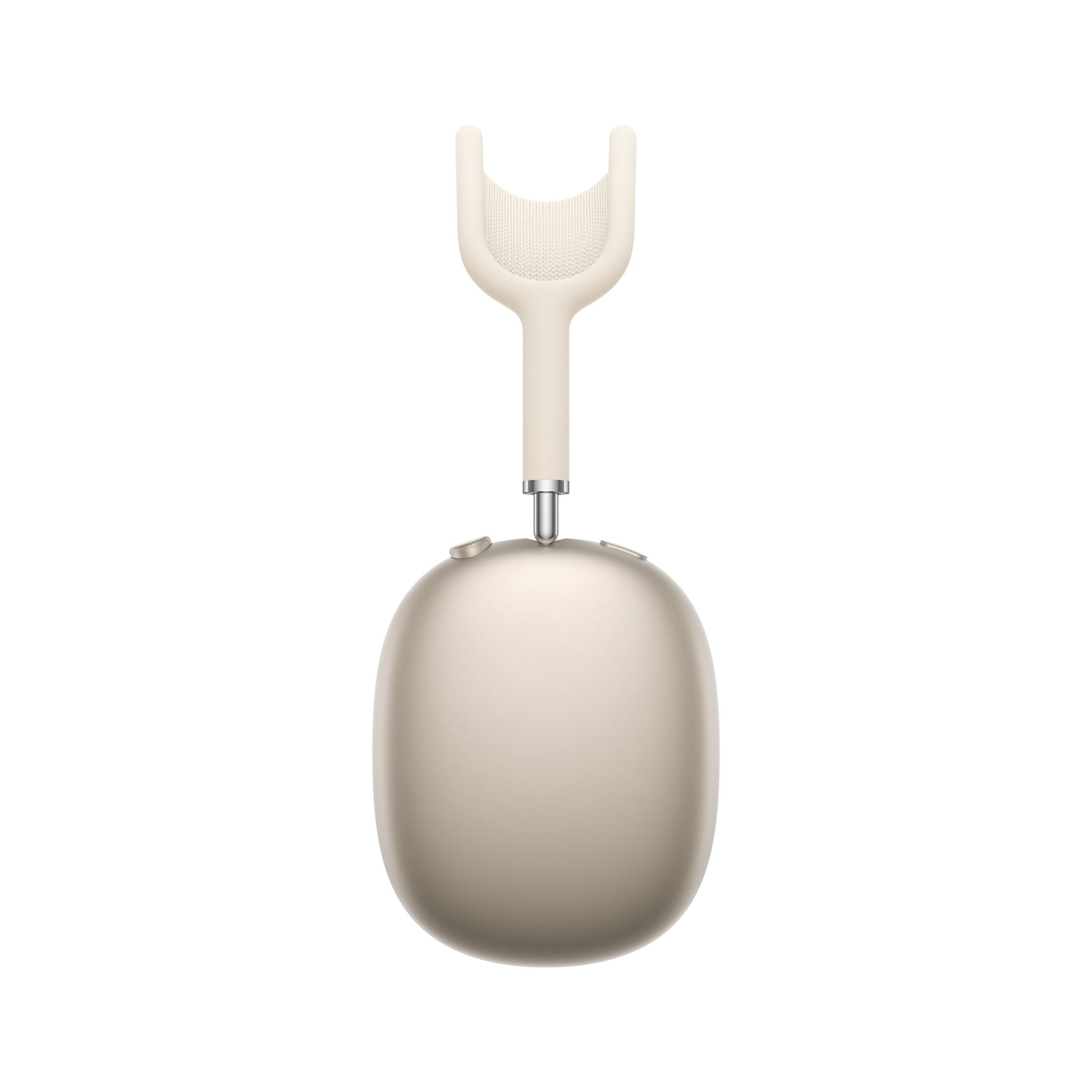 Apple AirPods Max 2 Stjerneskær over-ear høretelefon lysebeige ørekop og hvid mesh hovedbøjle set ovenfra.