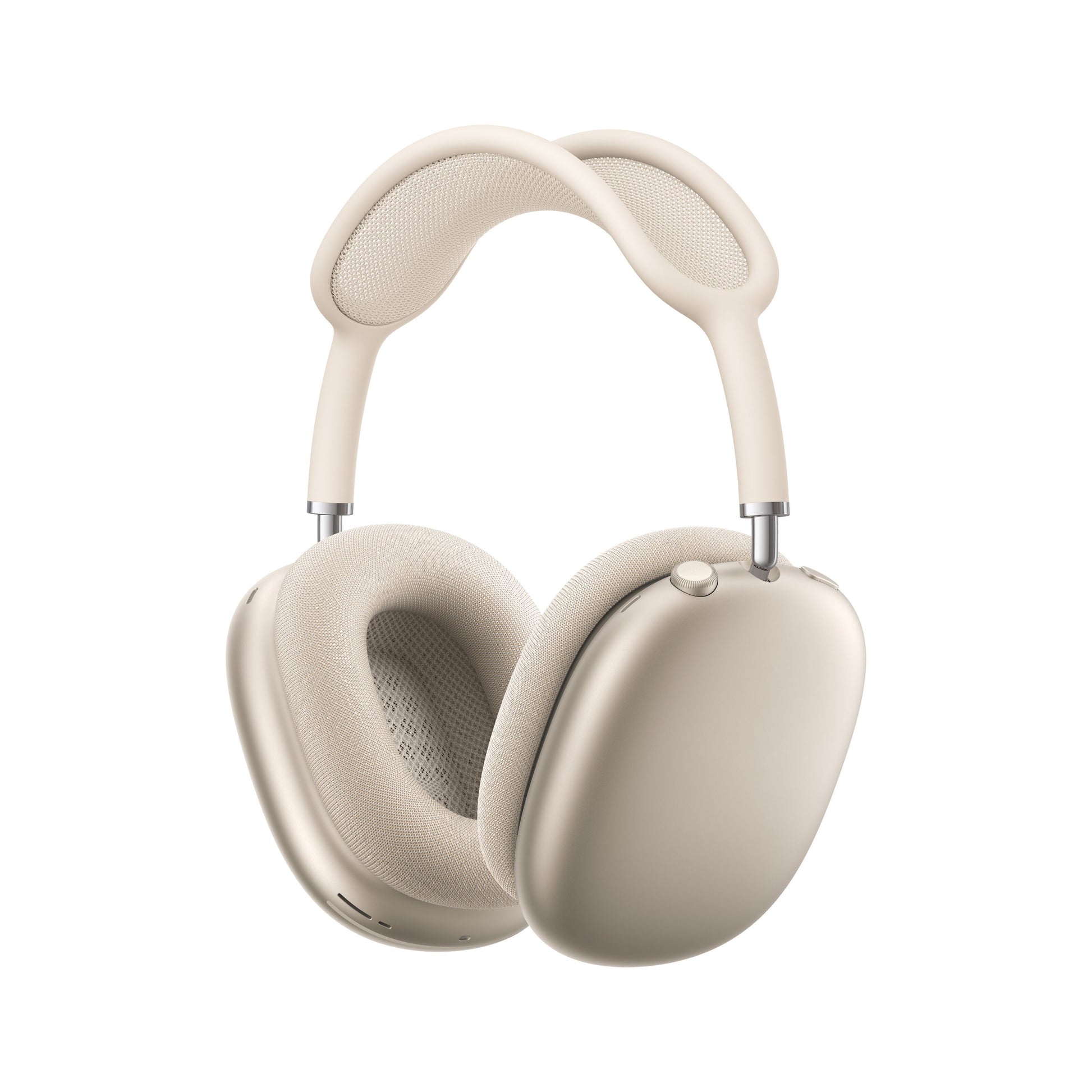 Apple AirPods Max 2 over-ear trådløse Bluetooth-hovedtelefoner i lys beige med polstrede ørepuder, mesh-bøjle og støjreduktion.