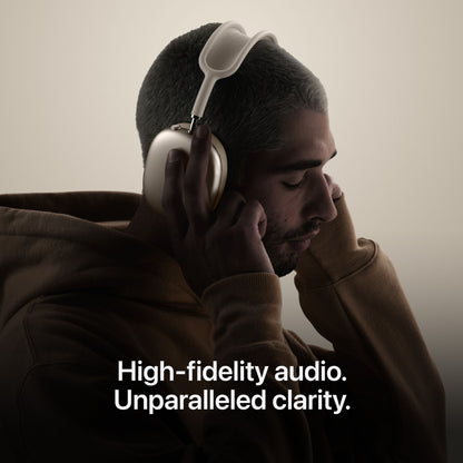Apple AirPods Max 2 over-ear hovedtelefoner blå med tekst: High-fidelity-lyd, aktiv støjreduktion.