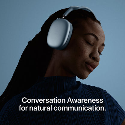 Apple AirPods Max 2 blå over-ear hovedtelefoner med aktiv støjreduktion, samt teksten Conversation Awareness.