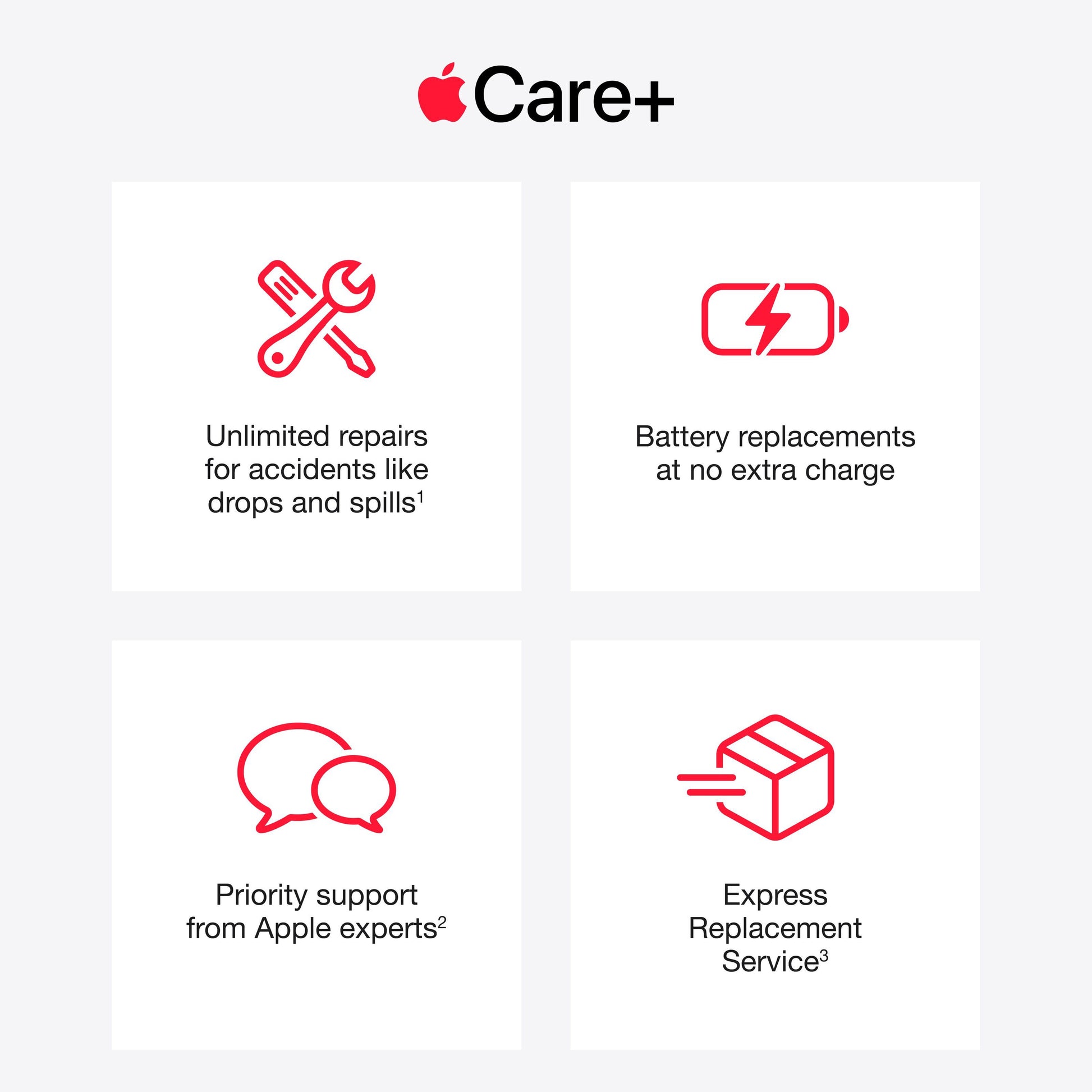 AppleCare+ til AirPods Max 2 Blå med ubegrænset reparation, gratis batteriskift, support og service vist med røde ikoner.