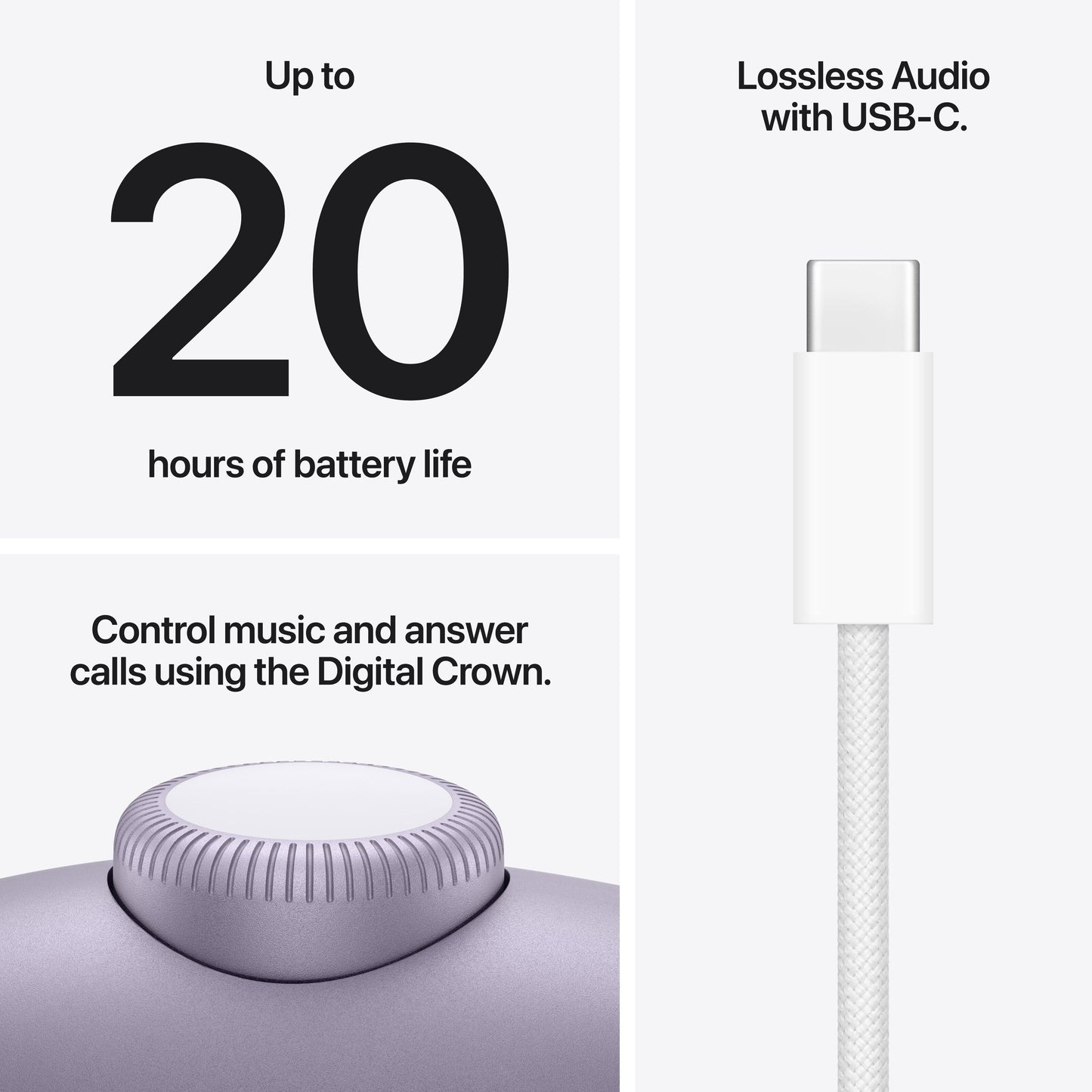 Apple AirPods Max 2 lilla med aktiv støjreduktion, op til 20 t batteritid, USB-C lossless lyd, Digital Crown, USB-C-kabel.