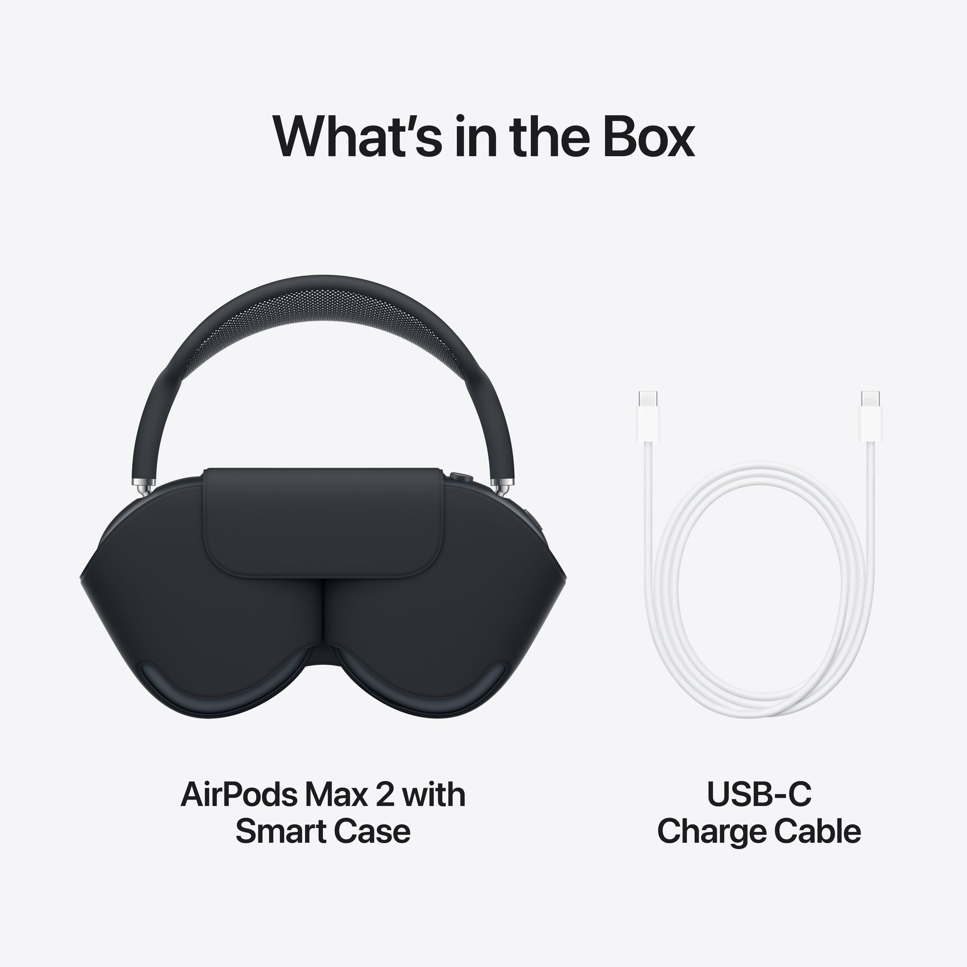 Apple AirPods Max 2 lilla ved siden af Smart Case og USB-C opladerkabel med tekst Hvad er der i æsken?.