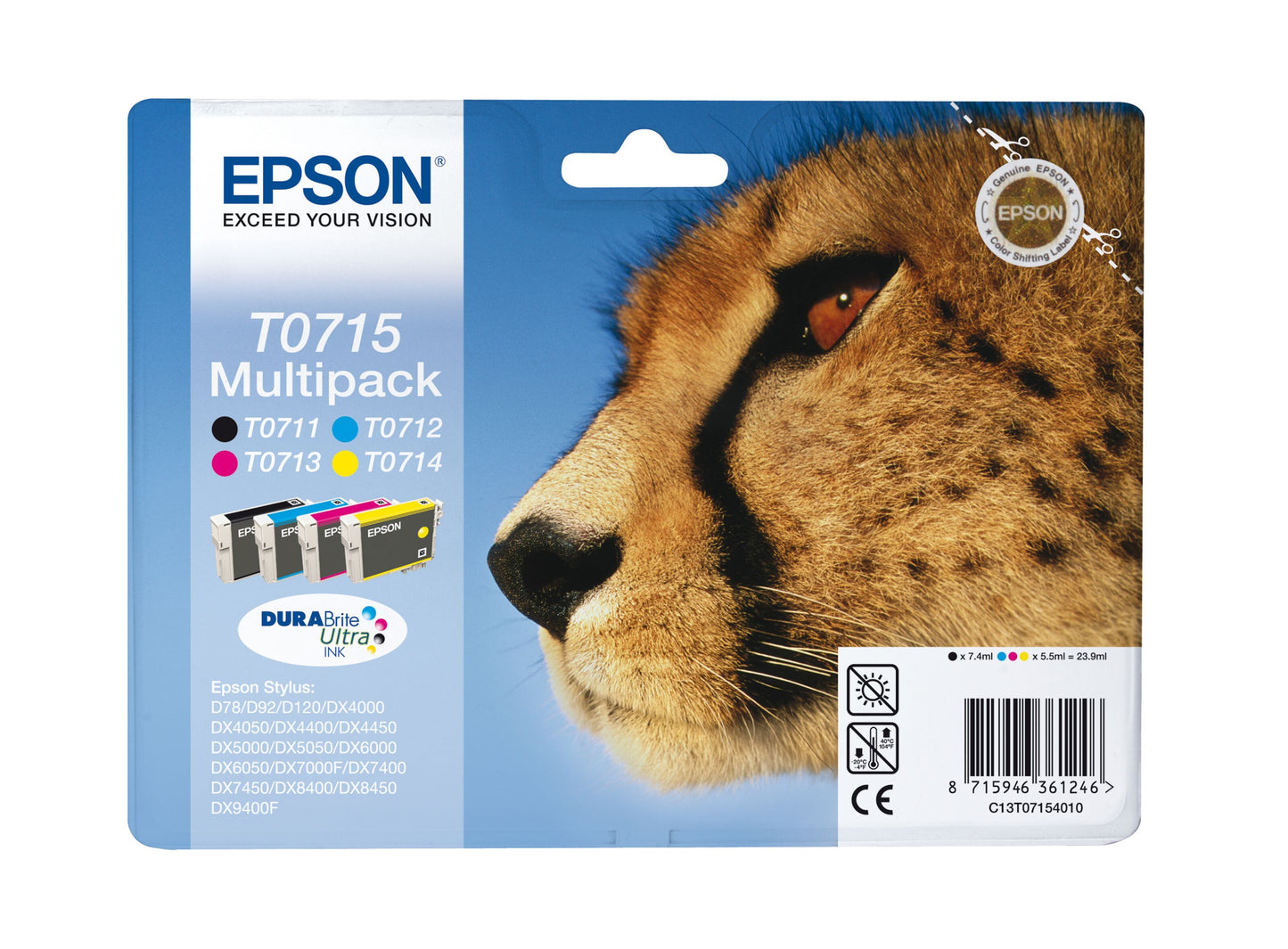 Epson T0715 blækpatron 4-pakke i emballage med gepardansigt på blå baggrund, modelinfo og ikoner på forsiden.