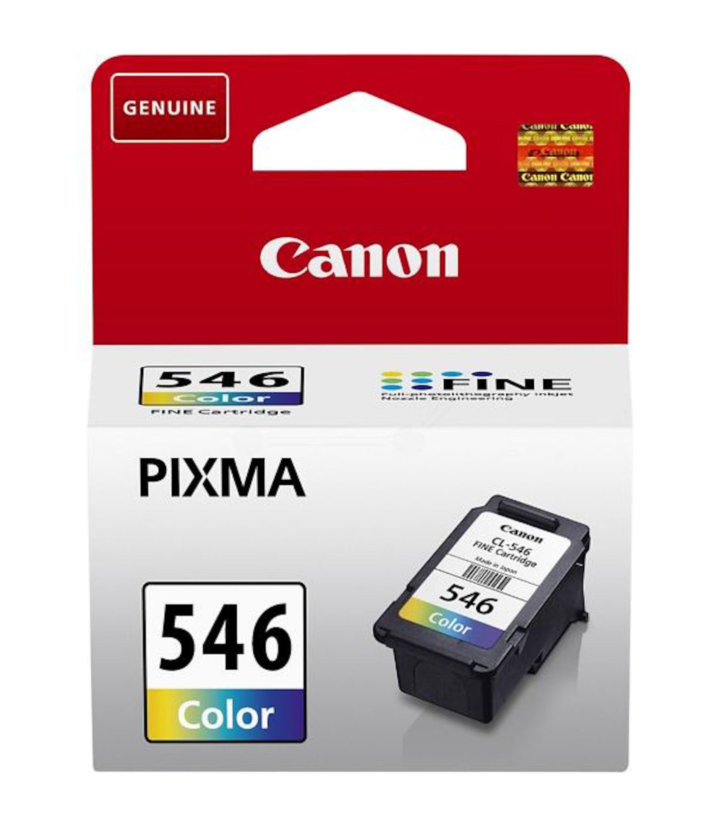 Canon CL-546 blækpatron flerfarvet til Canon printer, Canon logo, "Genuine"-label og billede af patron på æsken.