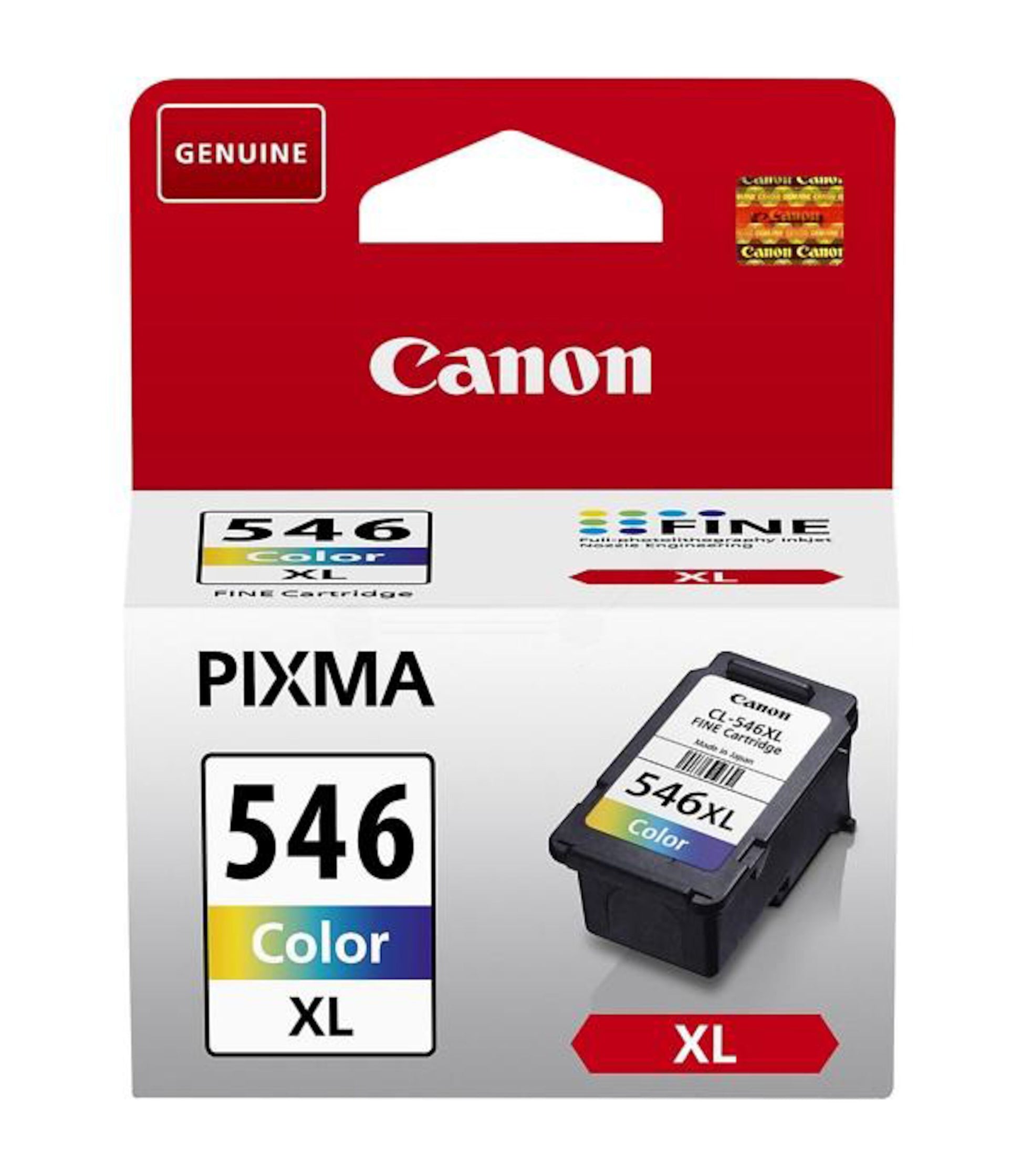 Canon CL-546XL blækpatron, XL multicolor, original i æske med rød/hvidt design og farvemærkning, stor kapacitet.