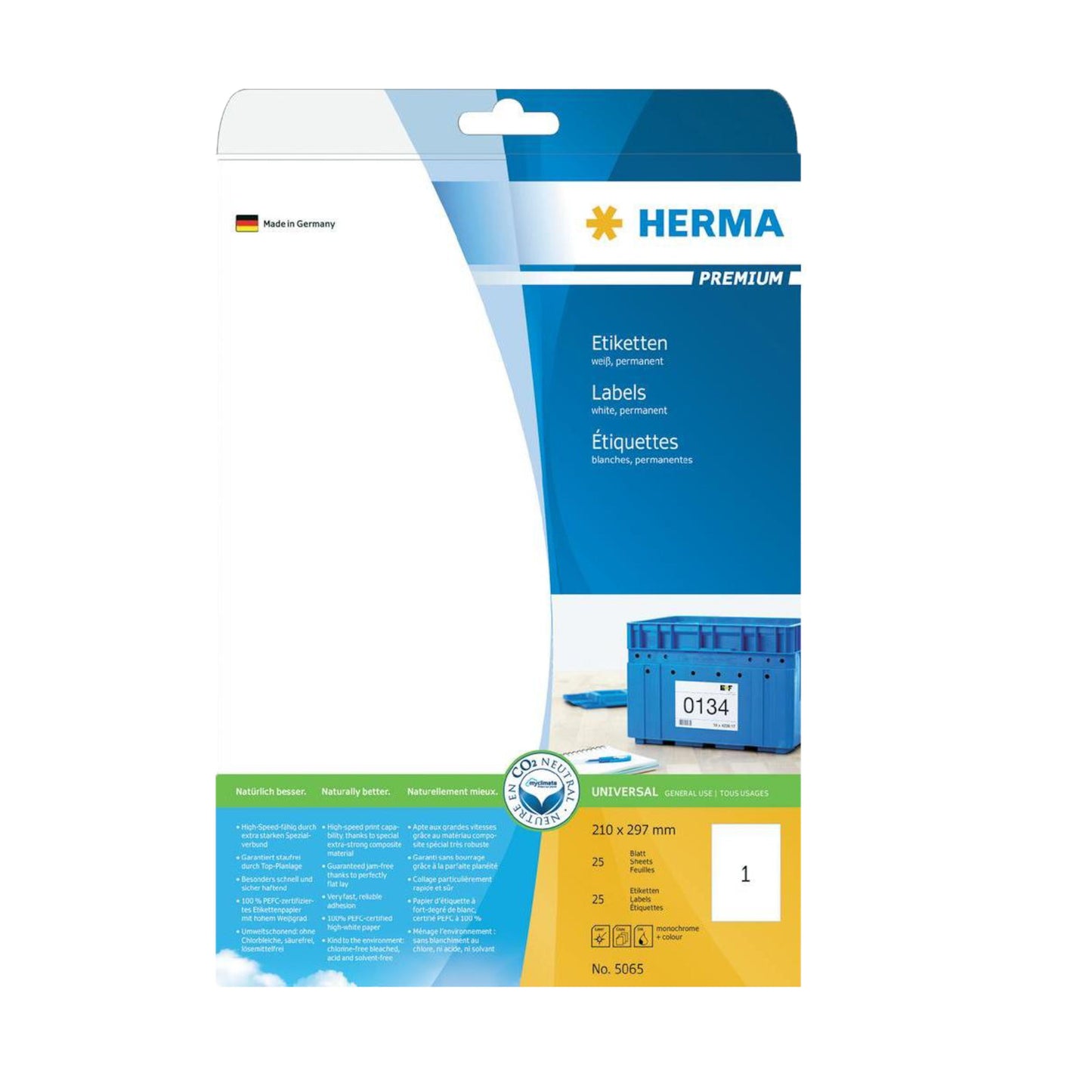Herma selvklæbende printerpapir A4 25 ark 210x297mm, blå emballage med etiket og produktinfo på flere sprog, varenr 5065.