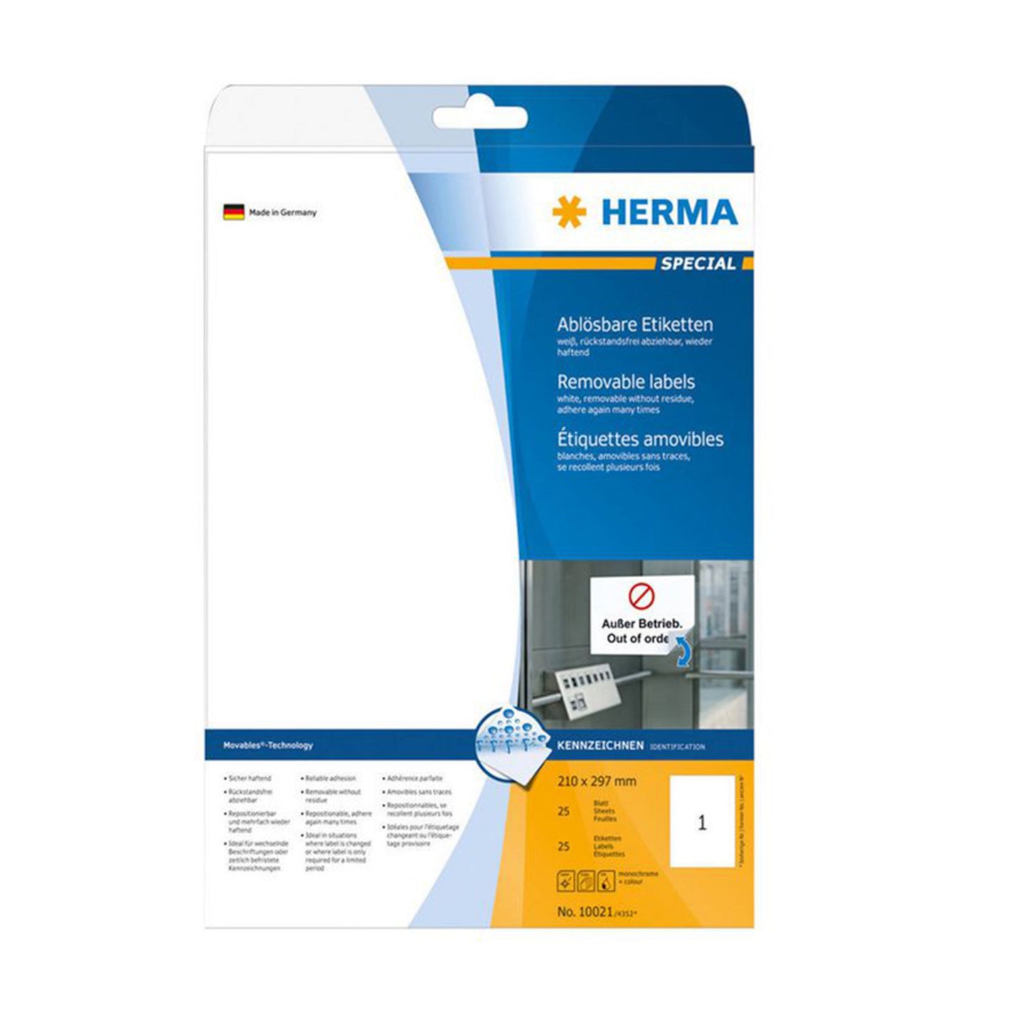 Herma selvklæbende aftagelige etiketter A4 25 ark, hvid og blå, til laser- og inkjetprintere, info på DE/EN/FR.