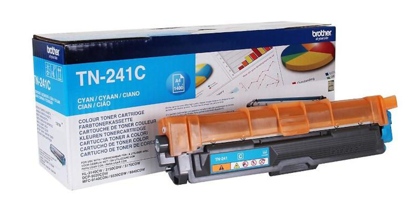 Brother TN-241 cyan tonerpatron foran æske med modelinfo og grafik cyan farve til Brother printer.