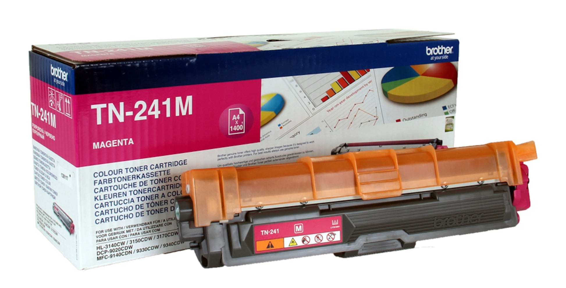 Brother TN-241 magenta tonerpatron foran æske med modelnavn og farvegrafik til Brother printere.