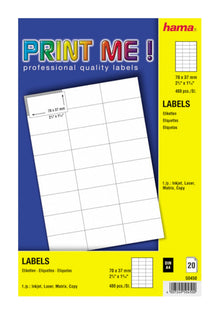 Hama Limetiketter, pakke med 20 A4 ark, hver med 24 hvide rektangulære etiketter 70x37 mm.