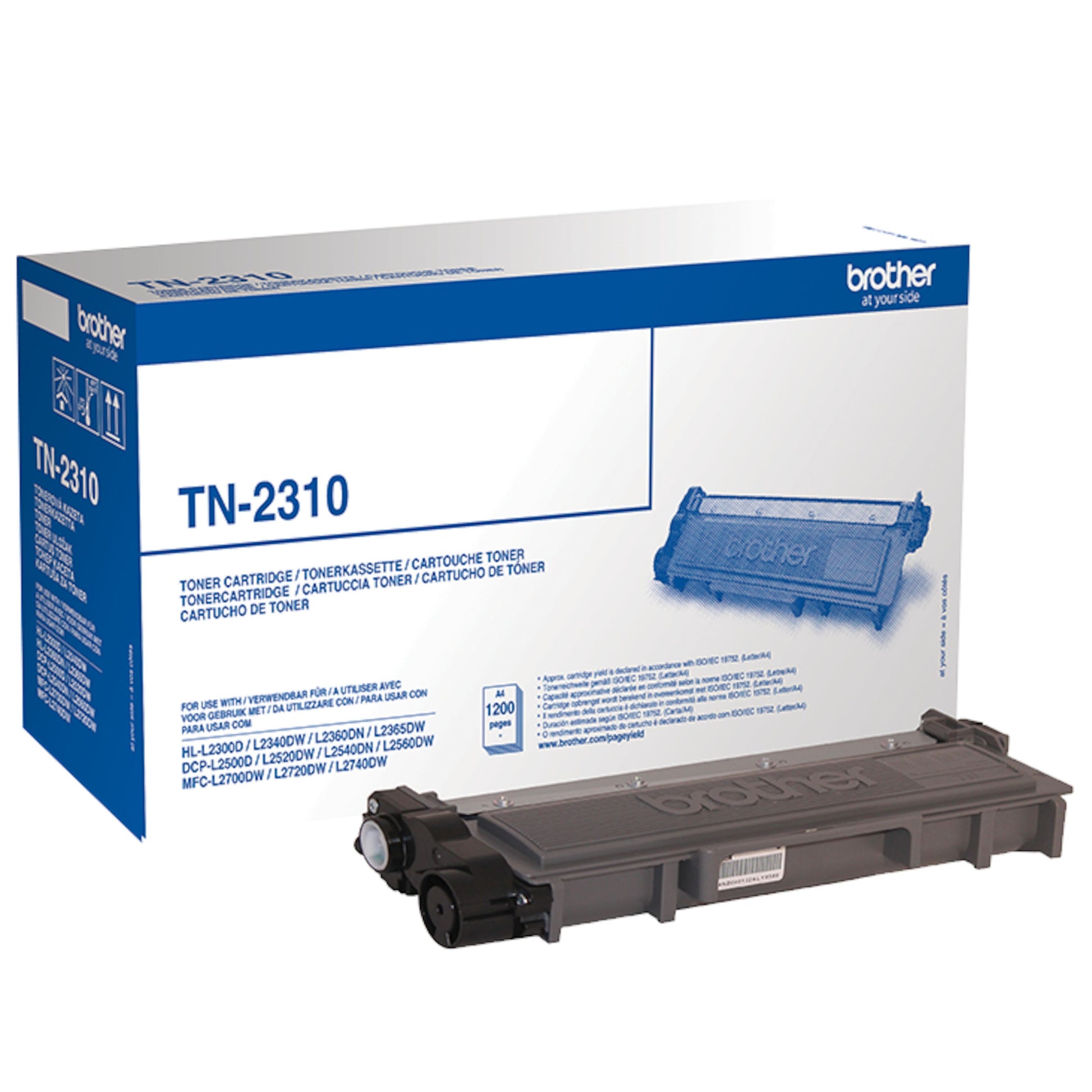 Brother TN-2310 sort tonerpatron foran blå og hvid æske med Brother-logo og modelnummer.