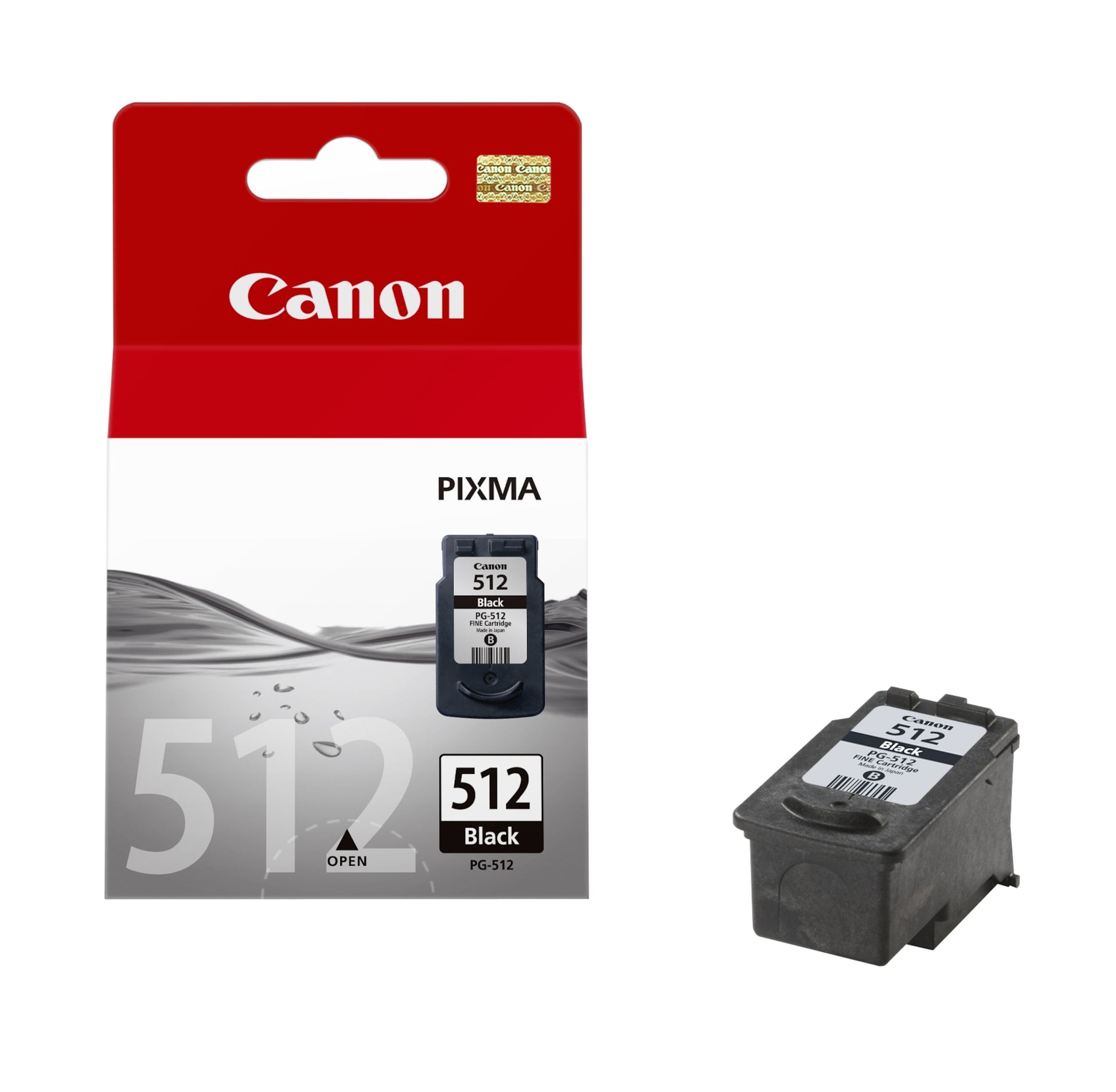 Canon PG-512 sort blækpatron med rød-hvid emballage, Canon-logo og billede af patron til Canon-printere.