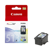 Canon CL-513 blækpatron flere farver ved siden af rød, hvid og flerfarvet æske med Canon-logo og produktinfo.
