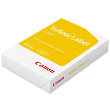 Canon Skrivepapir A4 500 ark, hvid æske med gul top og rødt Canon-logo, til kopi og printer.