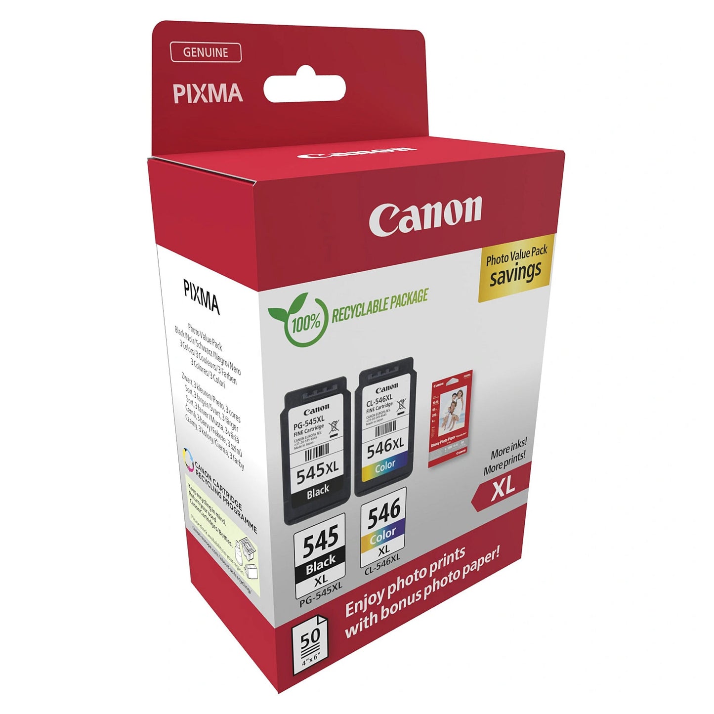 Canon PG-545XL/CL-546XL XL-blækpakke med sort og farvepatron samt fotopapir 100 genanvendelig står på æsken.