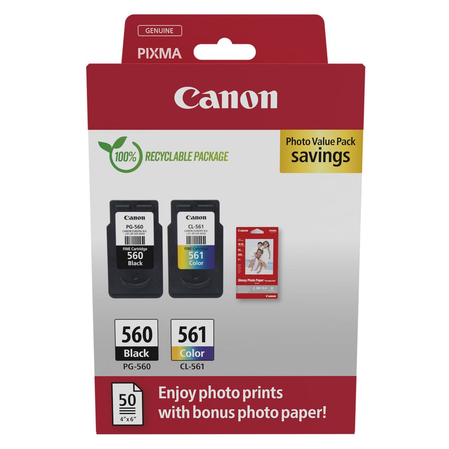 Canon PG-560 og CL-561 blækpatron 2-pak med fotopapir i genanvendelig emballage.