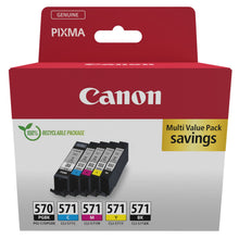 Canon CLI-571 og CLI-570 blækpatron 5-pakke i rød/hvid æske med genanvendelig emballage tekst, C/M/Y/BK/PGBK.