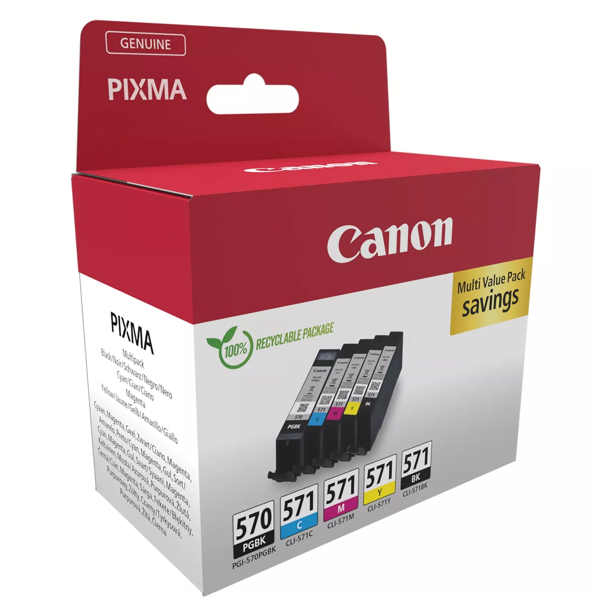 Canon CLI-571 og CLI-570 blækpatron 5-pak i rød/hvid æske med info om besparelser og genanvendelig emballage.
