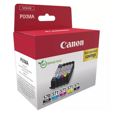 Canon CLI-571 og CLI-570 blækpatron 5-pak i rød/hvid æske med info om besparelser og genanvendelig emballage.