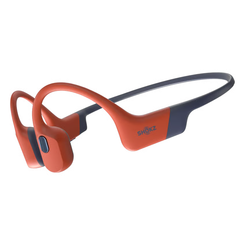 SHOKZ OpenSwim Pro trådløse hovedtelefoner til svømning, røde, med omsluttende hovedbøjle.