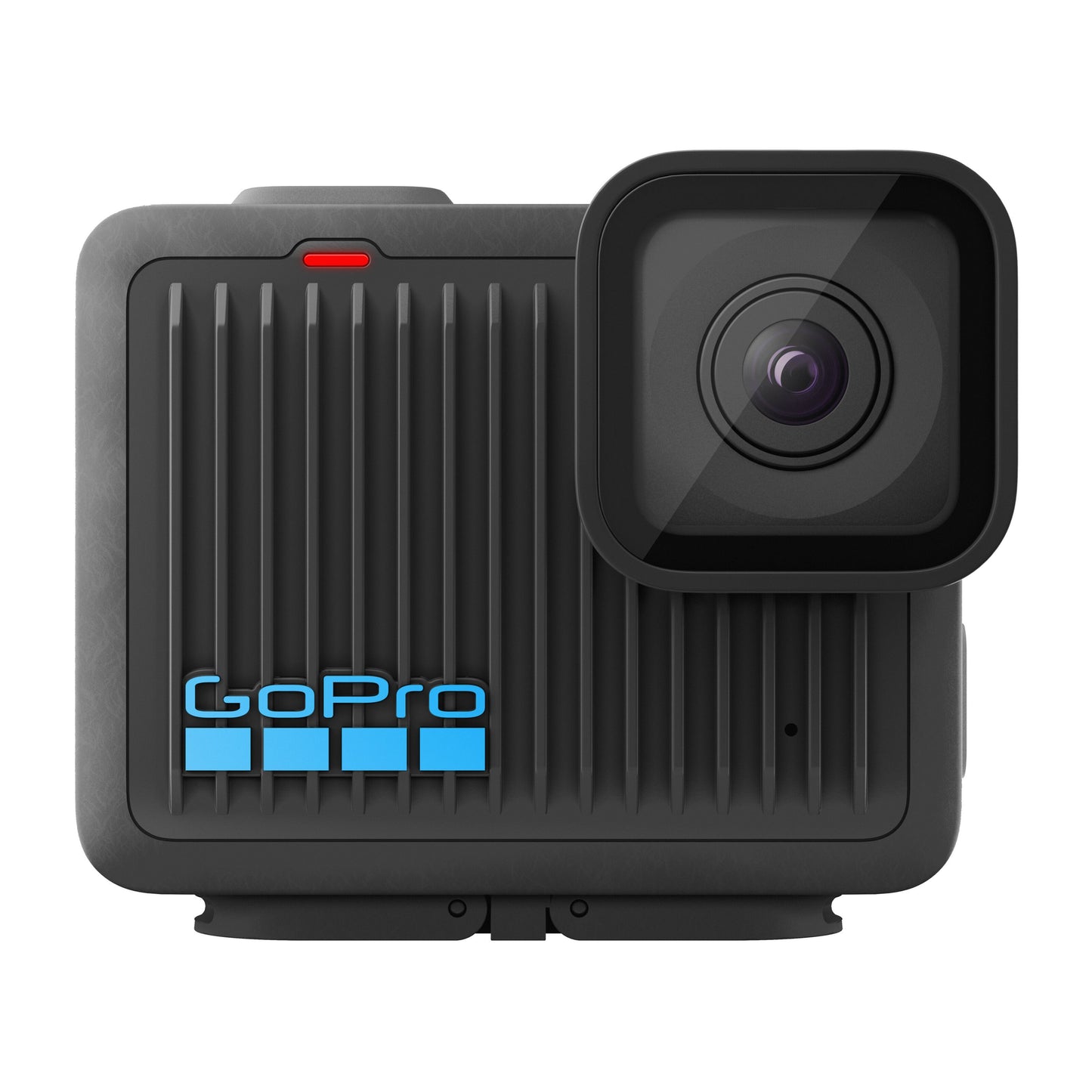 GoPro HERO actionkamera 4K, sort, frontvisning med struktureret overflade, stor linse til højre, blå GoPro-logo til venstre, vandtæt.