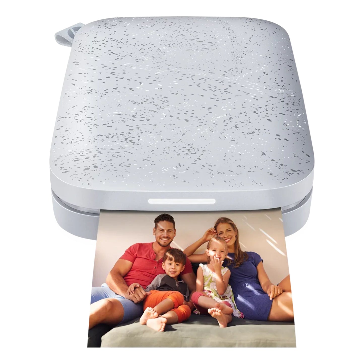 HP Sprocket Luna Hvid minifotoprinter, sølv med plettet design, udskriver fotos med Zink fotopapir.