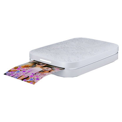HP Sprocket Luna Hvid printer fotos af to personer med solbriller og lilla hjerter på Zink papir.